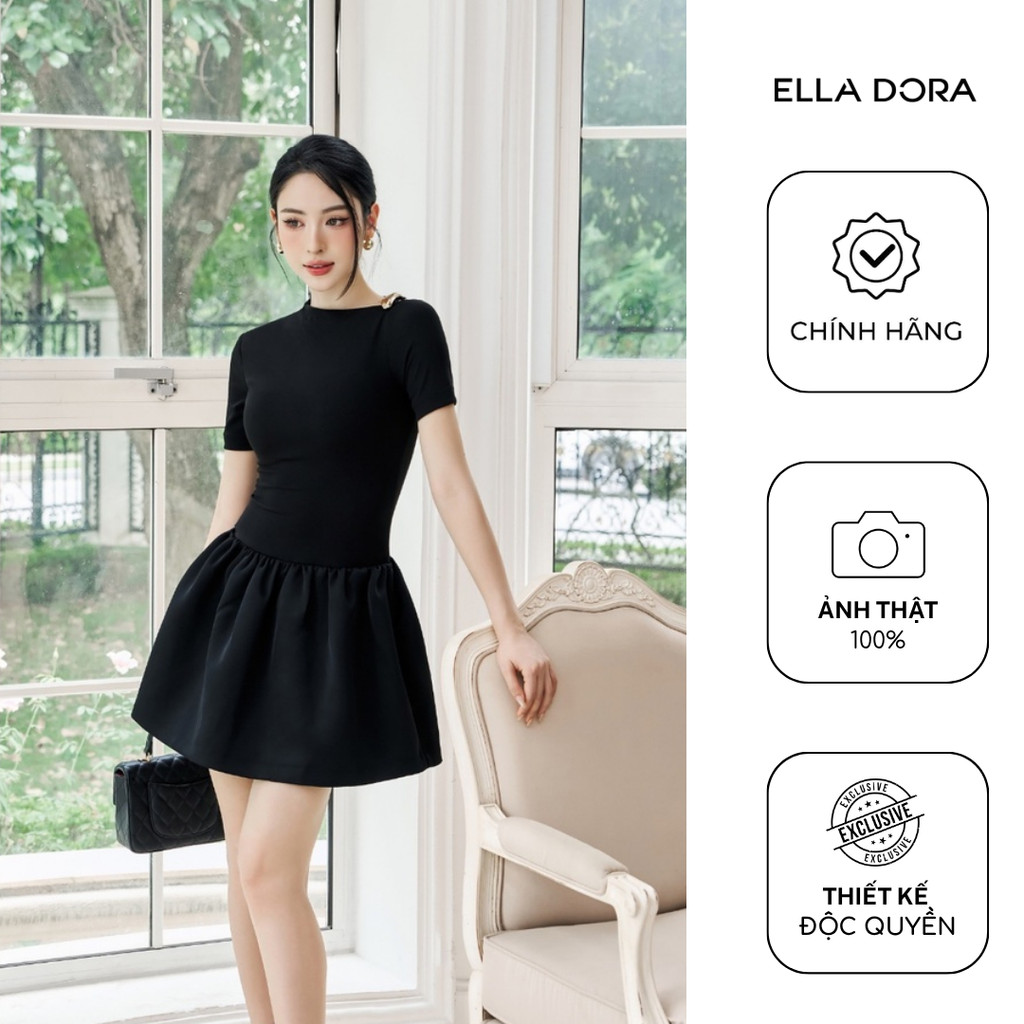 Đầm công sở nữ ELLA DORA thiết kế cổ lệch đính tag đồng form ôm trẻ trung hiện đại màu ĐEN [D238]