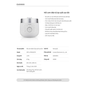 Nồi cơm điện cao tần áp suất kép Cuckoo CRP-LHTR1010 - Bảo hành chính hãng 24 tháng