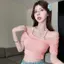 Pure Desire Sweet Hot Girl Áo thun ngắn tay cổ dây hai mảnh gợi cảm mùa hè Slim @
