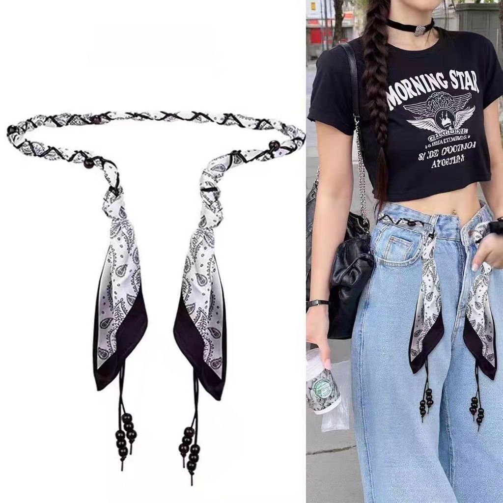Khăn lụa bện thắt lưng mỏng dành cho nữ Cao cấp phong cách dân tộc Bohemian Đầm trang trí có dây thắt lưng Jeans