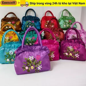 Túi xách nữ ESSENCEH, Túi xô nữ thêu hoa, Dây kéo ruy băng lụa phong cách quốc gia Ví nhỏ