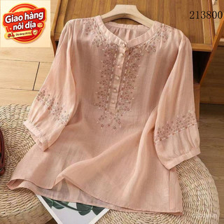 Giao hàng nội địa từ Việt Nam 2025 Mùa hè Áo sơ mi nữ cotton lanh mới, kiểu dáng thêu, áo pullover