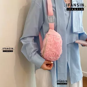 Túi đeo chéo FANSIN, Dây đeo có thể điều chỉnh Túi thắt lưng nhẹ, Túi đeo vai lưới ren dây kéo họa tiết hoa thời trang