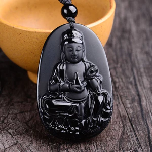 Obsidian Bảo Bình Guanyin Mặt Dây Chuyền Nam Nữ Trang Sức Phong Cách Dân Tộc