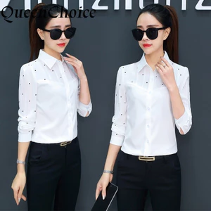 S-4XL Áo Sơ Mi Voan Nữ Tay Dài Chấm Trắng Áo Sơ Mi