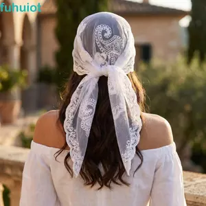 FUHUIOT Ren Headwrap, Ren Viền Họa Tiết Hạt Điều Ren Thêu Vuông Khăn, Sang Trọng Mỏng Thoáng Khí Vải Thêu Ren Khăn Choàng Đầu Nữ Sử Dụng