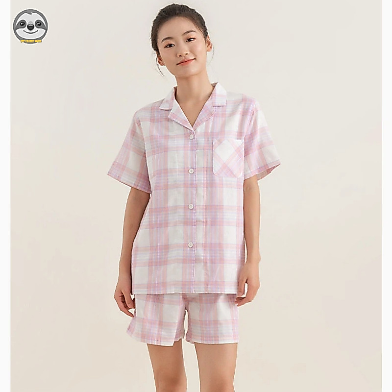 Phong cách Nhật Bản Muji Style / Cặp đôi kẻ sọc Cotton nguyên chất Quần short ngắn tay Loungewear / Nam Nữ Mùa hè mát mẻ Loungewear / Bộ đồ ngắn tay thoáng khí thoải mái