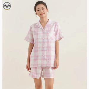 Phong cách Nhật Bản Muji Style / Cặp đôi kẻ sọc Cotton nguyên chất Quần short ngắn tay Loungewear / Nam Nữ Mùa hè mát mẻ Loungewear / Bộ đồ ngắn tay thoáng khí thoải mái