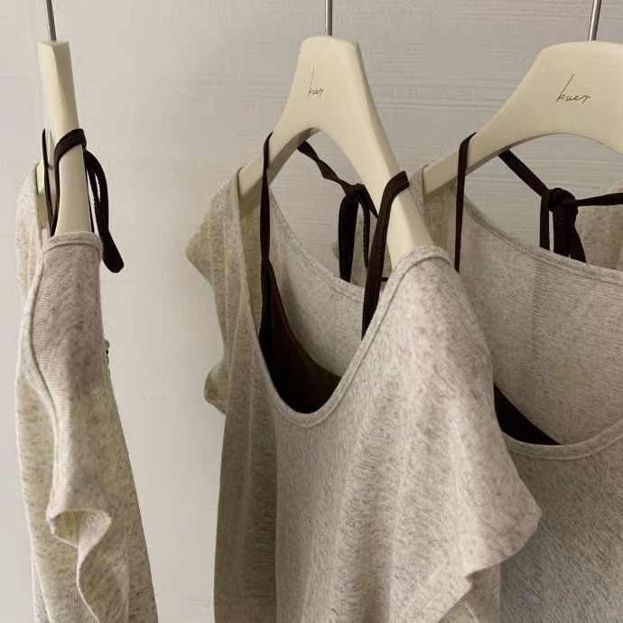 Milyfashion Giả Hai Mảnh Tay Ngắn + Dây Sling Cổ Chữ U Lớn Áo Thun Ngắn Tay Slim-Fit Sli