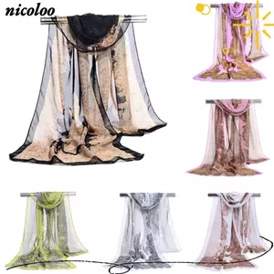 Khăn voan NICOLOO, Khăn choàng dài hoa 160 * 50cm, Khăn choàng lụa có thể giặt được màu Gradient sang trọng dành cho nữ