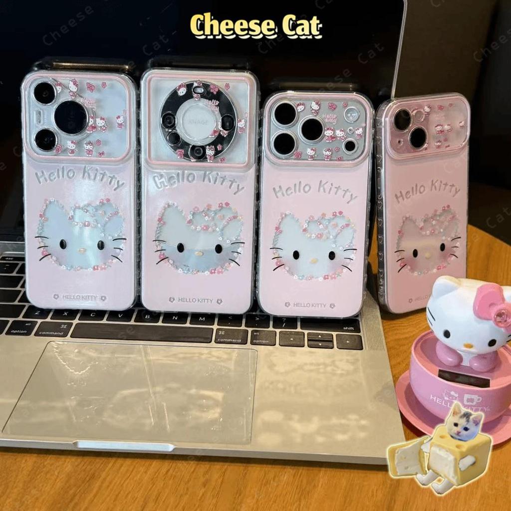 Ốp điện thoại kính hình Kitty mèo rỗng màu hồng cho iPhone Xs Max XR 13 14 15 16 17 Pro Max 12 11 17 Air