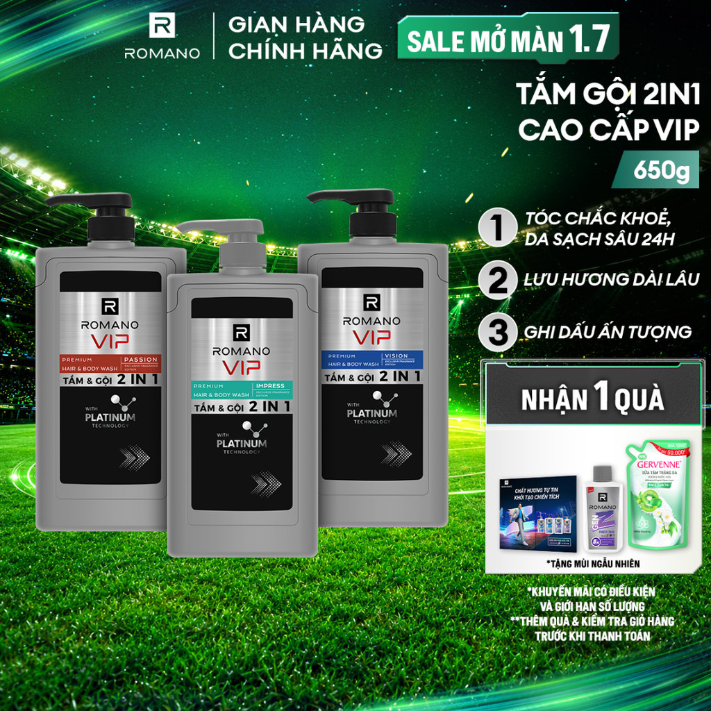 Tắm gội cho nam Romano 2in1 VIP Passion / Vision / Impress 650g