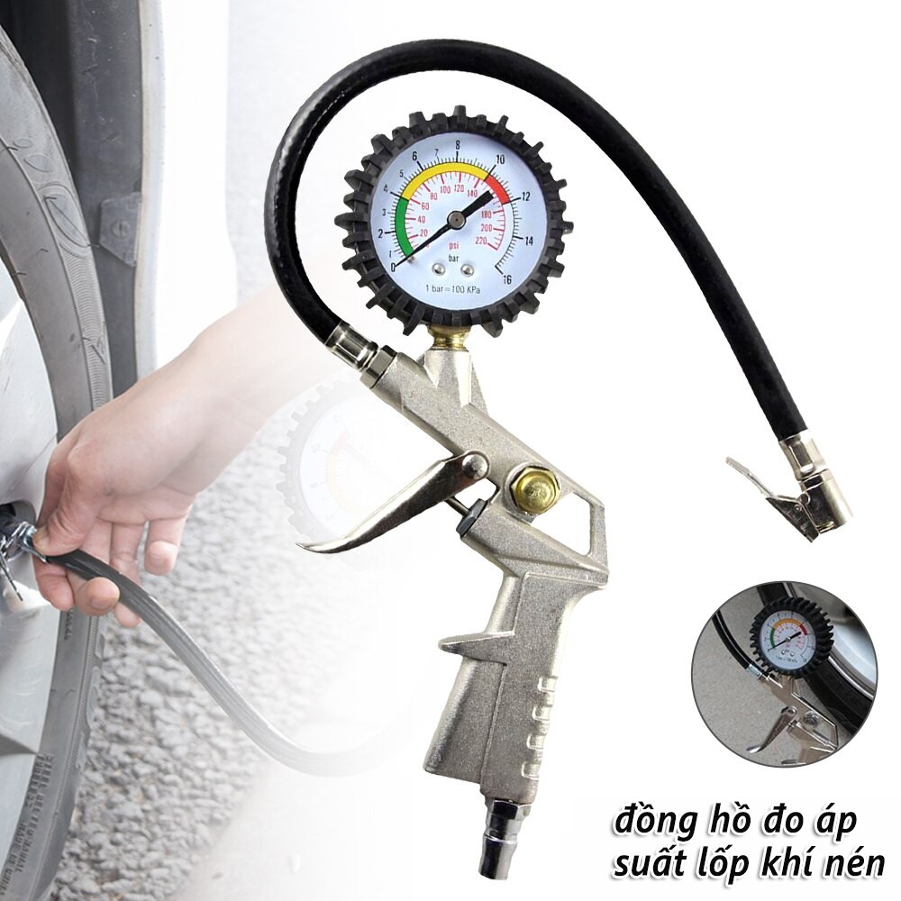 Đầu Vòi Bơm Ô Tô Xe Máy Đa Năng Có Đồng Hồ Đo Áp Suất Lốp, Chống Rò Rỉ, Kẹp Chắc Chắn