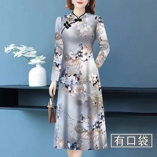 In hình size lớn áo sườn xám trung niên, chất liệu bao da thịt dài tay, phù hợp thu đông