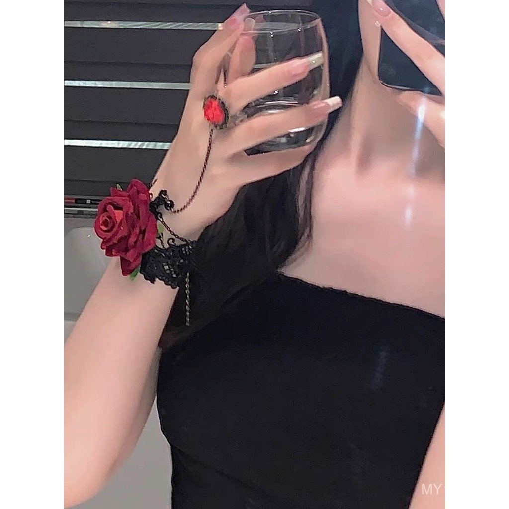 Phong Cách Punk Gothic Retro - Nhẫn Cổ Tay Hoa Hồng Ren Lolita