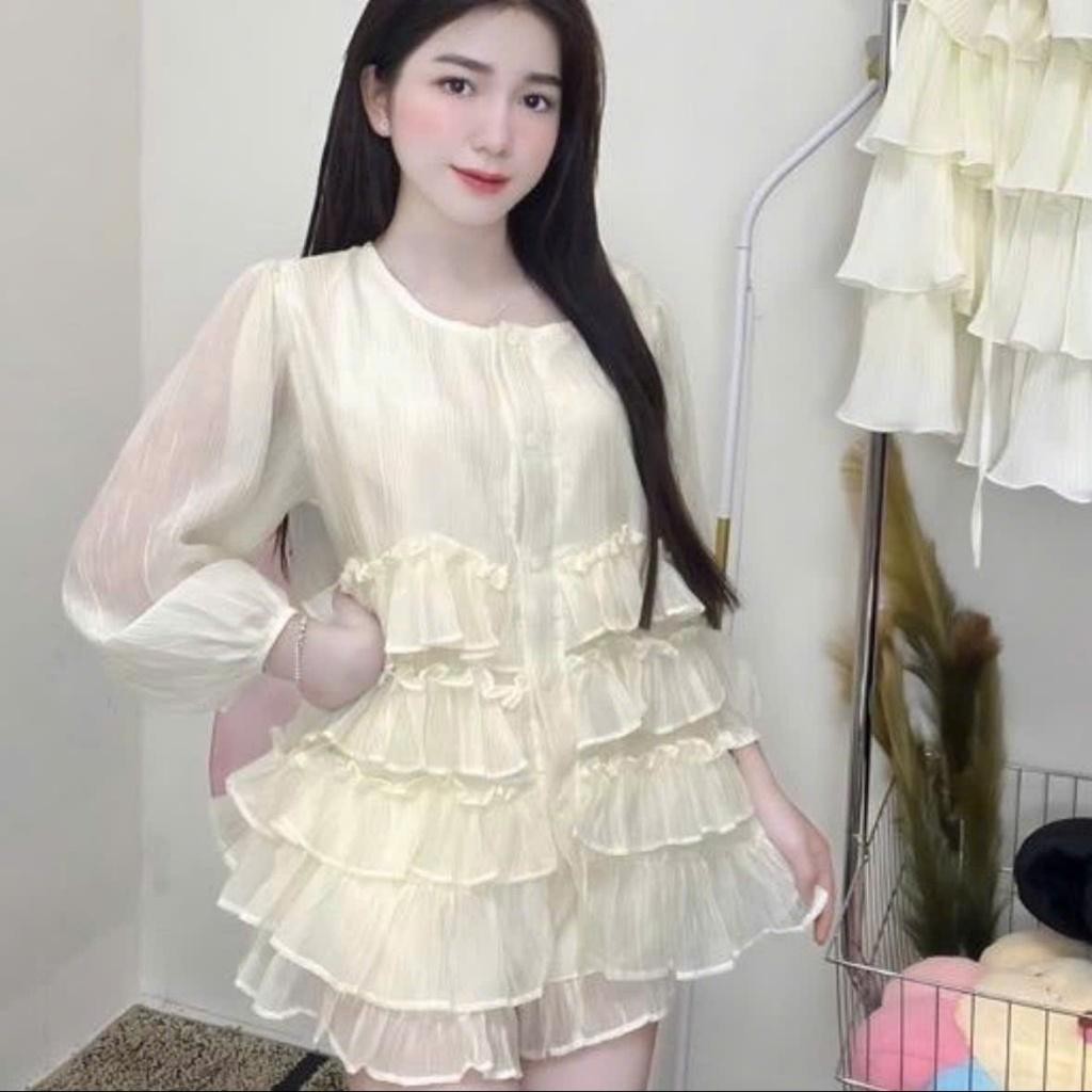 Set Áo Babydoll Dài Tay Phối Bèo Ánh Kim Kèm Quần Đùi Thun Form Rộng Thoải Mái Có Bigsize  Bs053
