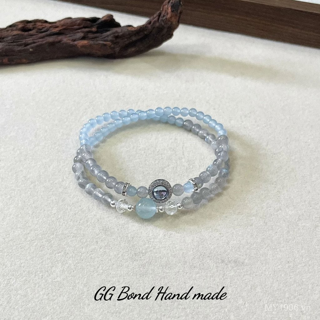 Vòng tay đôi hình tròn aquamarine ánh trăng màu xám, phong cách cổ điển, giúp làm dịu tâm trạng