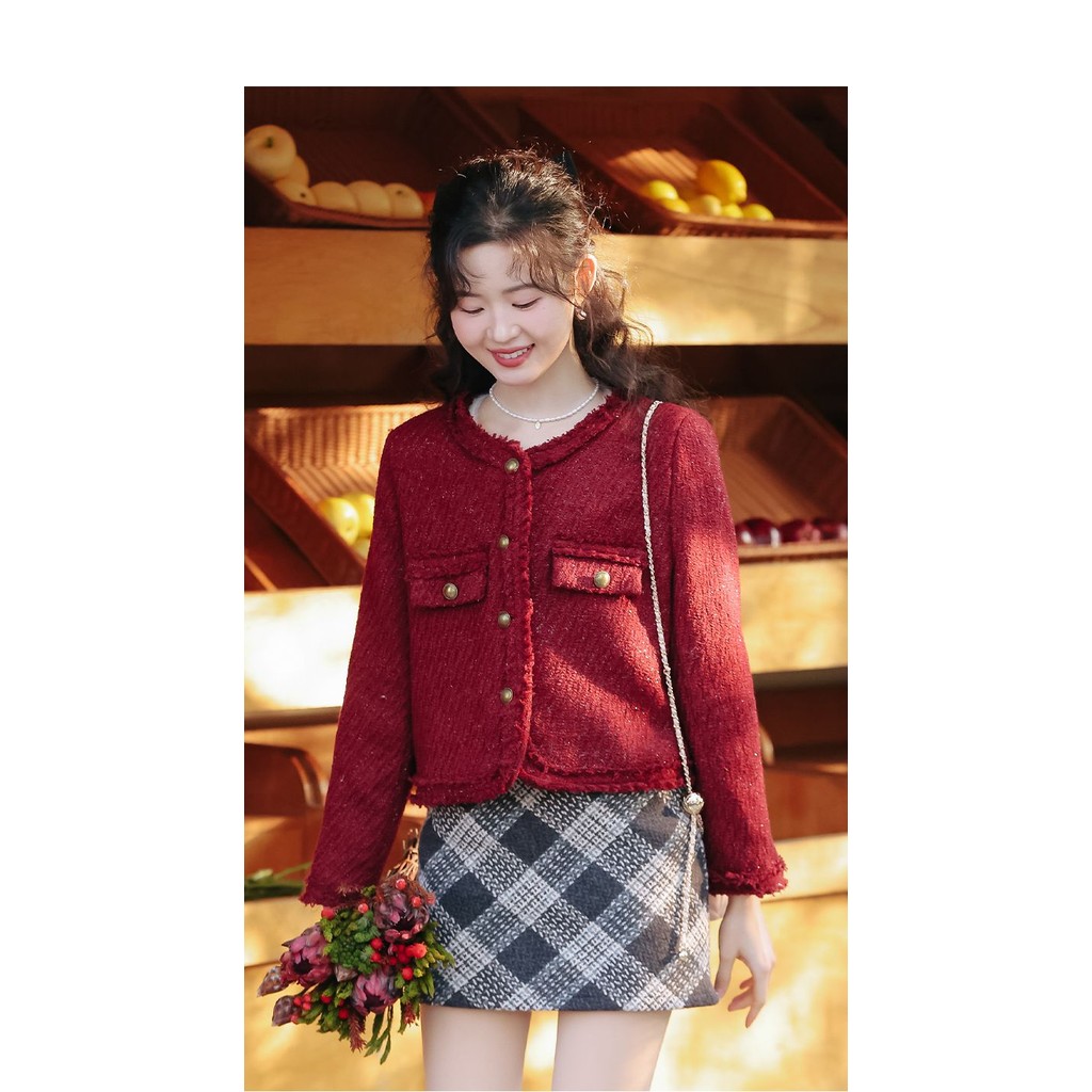 Mutu Retro Đỏ Cổ Tròn Áo Khoác Ngắn Nữ Mùa Xuân 2026 Phong Cách Mới Pháp Retro Tweed Top