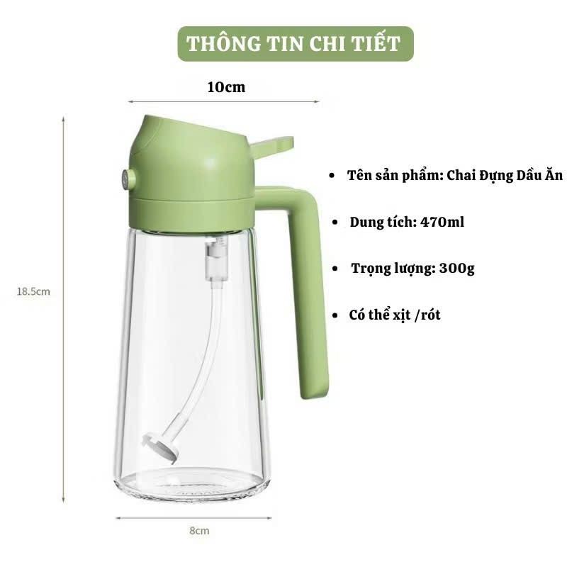 Bình Đựng Dầu Ăn Nước Mắm 470ml Thủy Tinh Tích Hợp Xịt Và Rót Dầu Đa Năng Cao Cấp