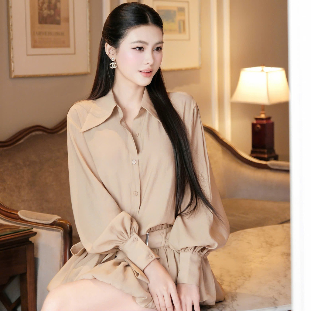 Đầm ngắn Khiết Fashion cổ sơ mi phối chân váy xòe bồng bềnh kèm dây thắt lưng phong cách thanh lịch KD360 KD360A