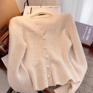 Áo Cardigan Dệt Kim Màu Đỏ Phong Cách Pháp Cho Nữ Thu Đông