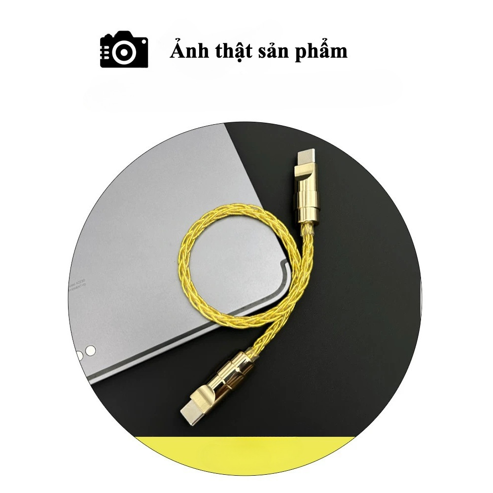 Dây Cáp Sạc Nhanh 60W PD Type C - Ngắn 25cm - Đầu Đồng Phủ Crom Vàng Bóng - Dây bện 8 sợi