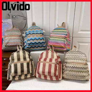 Ba lô dệt cỏ OLVIDO, Ba lô du lịch sức chứa lớn có thể điều chỉnh, Túi đi học đầy màu sắc Bohemian di động dành cho nữ