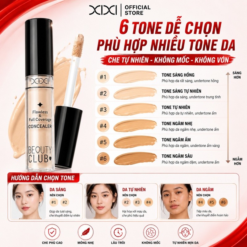 XIXI WM012 Kem Che Khuyết Điểm Dạng Lỏng, Che Quầng Thâm Mụn, Lâu Trôi, Mịn Nhẹ, Tự Nhiên