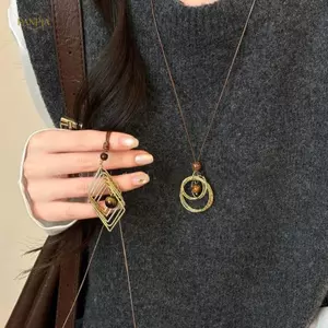 PNPIA- Vintage Nâu Hổ Mắt Đá Mặt Dây Chuyền Nelace Cho Nữ Thời Trang Dây Dài Áo Len Dây Xích Nelaces