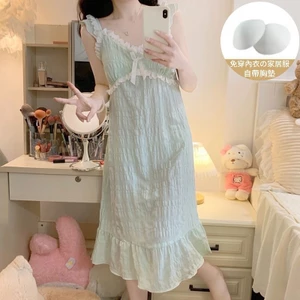 Váy Ngủ Mùa Hè Yunduo Cotton Cổ Chữ V Màu Trơn Phong Cách Mong Muốn Thuần Khiết Viền Hoa Có Đệm Ngực Đồ Mặc Nhà Dáng Dài