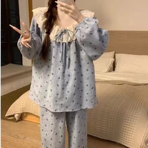Bộ Đồ Ngủ Cotton Mây Mùa Xuân Thu Bộ Quần Dài Tay Cổ Áo Trang Trí Ren Cho Nữ Bộ Đồ Mặc Nhà Rộng Rãi Chấm Sóng Xanh