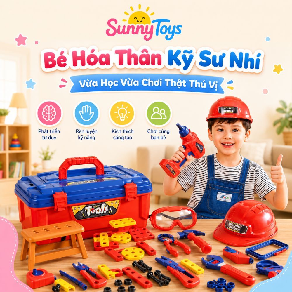 Bộ Đồ Nghề Kỹ Sư Nhí 37 Món SunnyToys - Khoan Điện, Mũ Và Kính Cho Bé Chơi Lắp Ráp