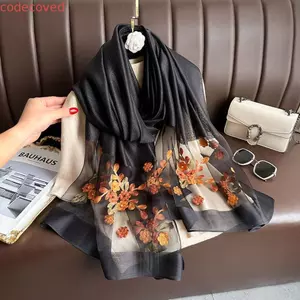 CODECOVED Khăn choàng Hijab nữ, Khăn lụa sang trọng thêu hoa lớn, Thanh lịch mềm mỏng quấn Foulard Khăn ren sáng bóng dành cho nữ