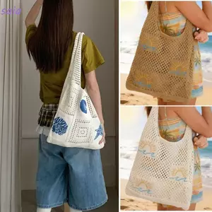 SAIA Tote, Dệt Kim Rỗng Đan Túi Đeo Vai, Hoạt Hình Thường Ngày Sao Biển Dung Tích Lớn Màu Be Nâu Nách Túi Quà Tặng