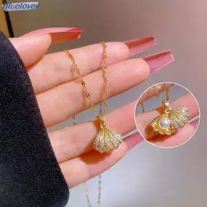 Bluelover Ngọc Trai Nelace Cho Nữ Đầy Kim Cương Giả Vỏ Titan Mặt Dây Chuyền Nelace Không Mòn Kim Loại Nelace Mới