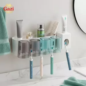 Hộp đựng bàn chải đánh răng trong phòng tắm kèm 2 cốc nước súc miệng Kệ treo tường Không cần máy khoan Ra để vệ sinh và bảo quản gia đình [VN]