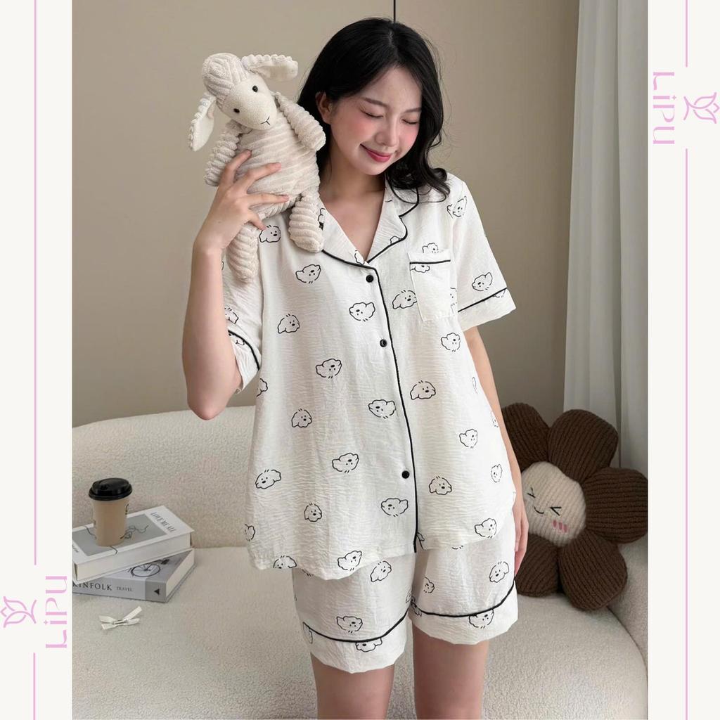 Set Pyjama Cộc Cổ Bẻ Họa Tiết Gấu Pha Viền S01 LIPU