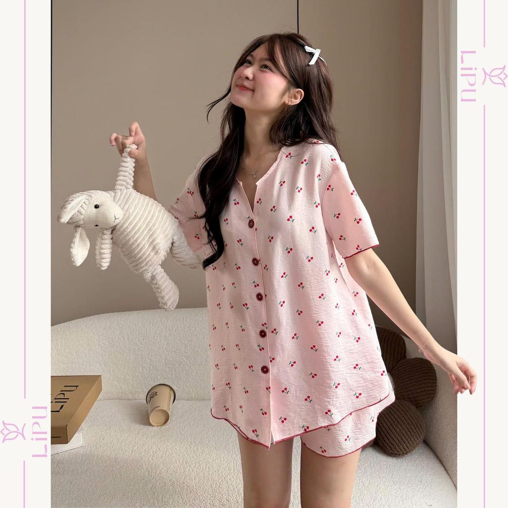 Set Pyjama Cộc Cổ V Hoạ Tiết Cherry Phối Viền S02 LIPU