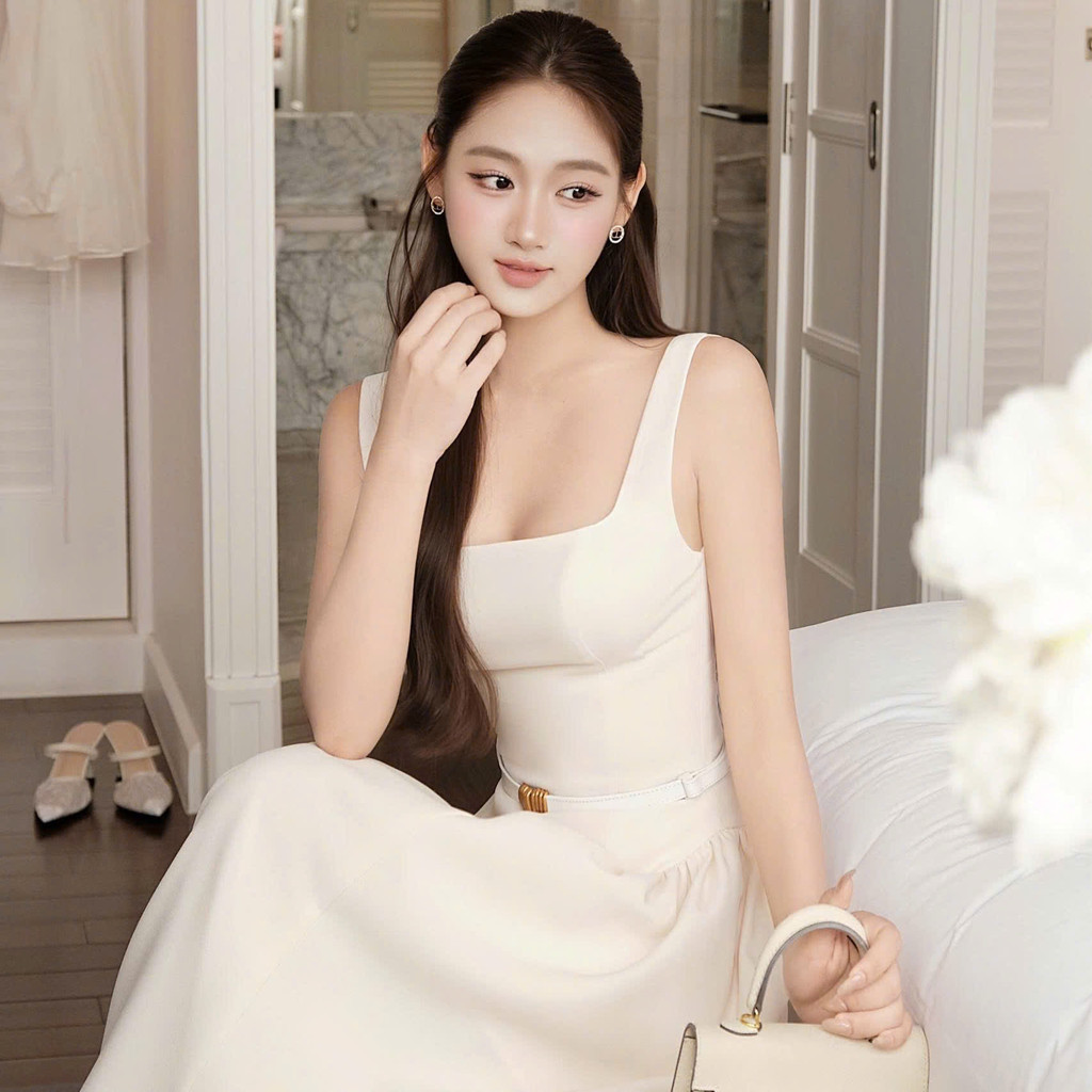 Đầm midi Khiết trắng kem thiết kế cổ vuông thanh lịch đi kèm belt da sang trọng KD449B