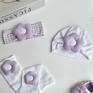 Mũ, Turban đính Hoa Tím, 0-12M chất Petit mềm mại, PÉ BY HY