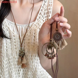 COCODECOVED Vòng cổ phong cách dân tộc, Dây chuyền áo len dài bằng gỗ tua rua, Dây chuyền cổ hoa tính khí Phụ kiện trang sức Vòng cổ phong cách Bohemian Quà tặng