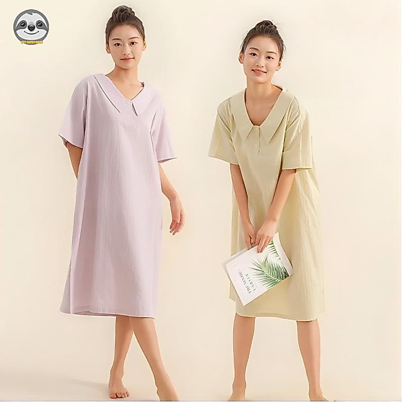 Phong cách Nhật Bản Muji Style / Váy ngủ rộng tay ngắn Cotton nguyên chất mùa hè dành cho nữ / Váy cổ chữ V mát mẻ mùa hè / Có thể mặc bên ngoài Váy một mảnh mềm mại thoải mái