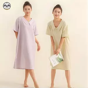 Phong cách Nhật Bản Muji Style / Váy ngủ rộng tay ngắn Cotton nguyên chất mùa hè dành cho nữ / Váy cổ chữ V mát mẻ mùa hè / Có thể mặc bên ngoài Váy một mảnh mềm mại thoải mái