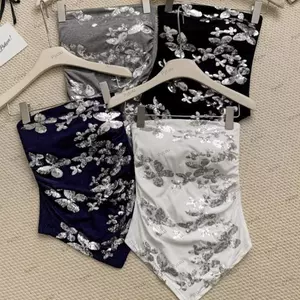 Áo ống quây PYCOU, Áo Crop top thêu bướm sequin đính sequin, Thiết kế cốc cố định Slim Fit thoáng khí Áo Vest Bandeau dành cho nữ Trang phục hàng ngày