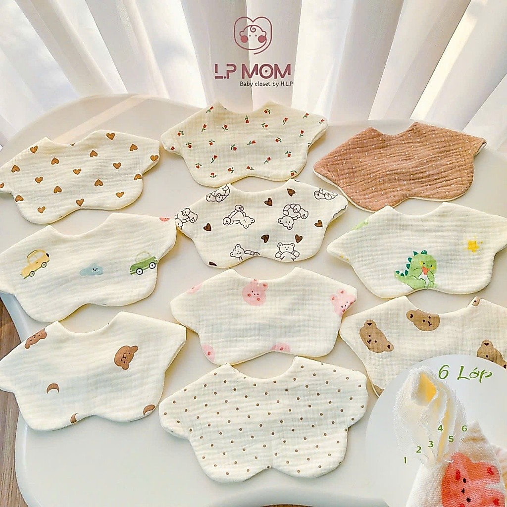 Yếm cổ muslin 6 lớp, yếm tròn xoay 360 cho bé đầy dặn thấm hút tốt, giữ ấm cho bé, ăn dặm, yếm xinh