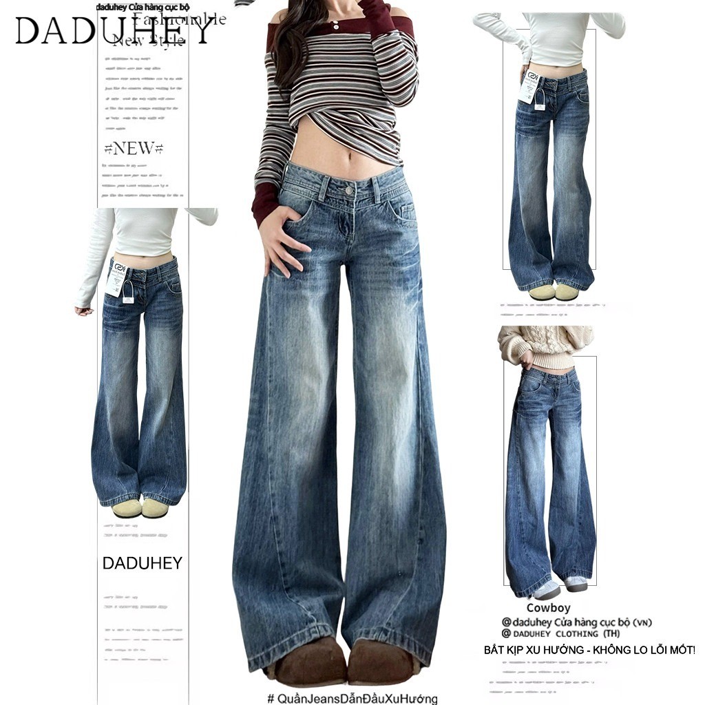 DaDuHey Quần Jean Ống Rộng Giặt Cổ Điển Quần Ống Rộng Ống Đứng Tôn Dáng Gầy Rộng Rãi Cho Nữ