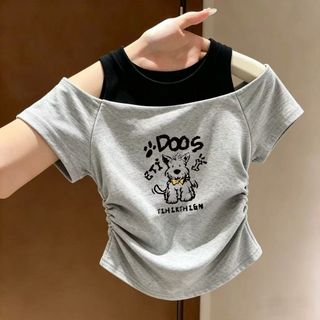 Áo thun bé gái lệch vai giả 2 lớp mùa hè - áo nhún eo in hình dễ thương phong cách Hàn Quốc