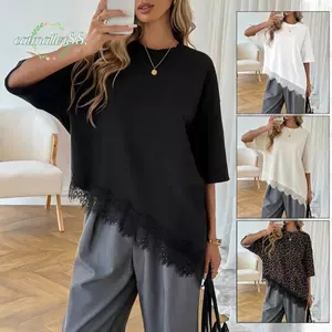 CATMALLER88 Áo thun Oversized, Áo thun chắp vá ren ren dáng rộng, Áo thun nữ cổ chữ O thanh lịch thời trang mùa hè