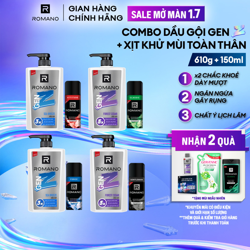 Combo Dầu gội nam Romano Gen Z Hương Sea Breeze/ Forest Cedar 610g/ chai + Xịt khử mùi cho nam 150ml/ chai
