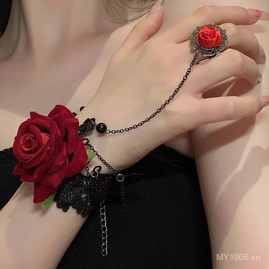 Phong Cách Punk Gothic Retro - Nhẫn Cổ Tay Hoa Hồng Ren Lolita